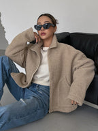 Women's Stand Collar Fleece Jacket – Oversized Zip-Up Winter Jacket