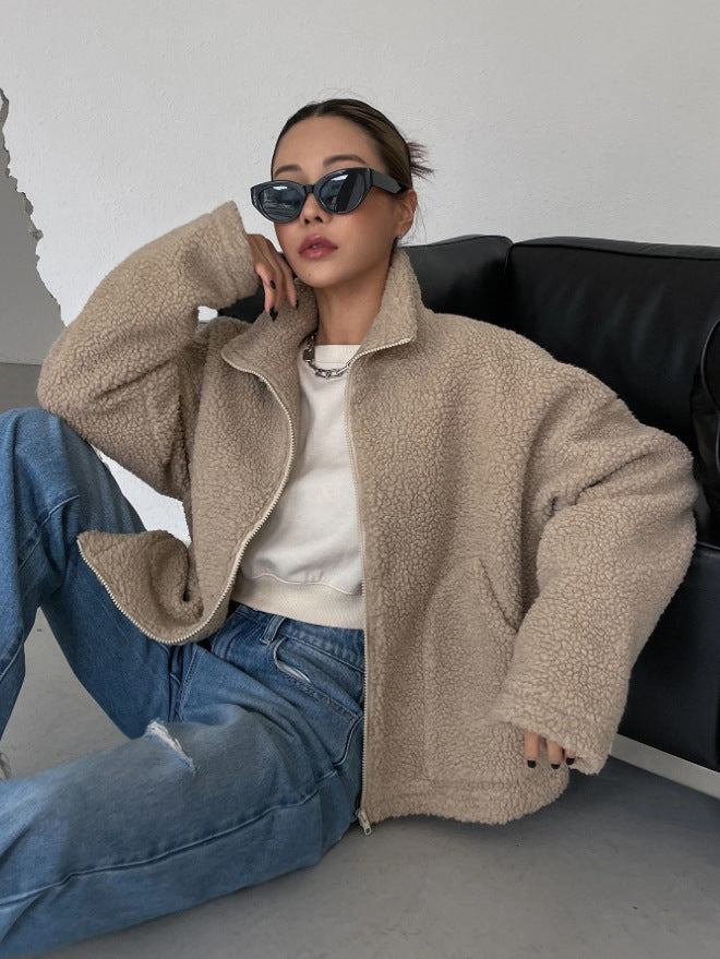 Women's Stand Collar Fleece Jacket – Oversized Zip-Up Winter Jacket