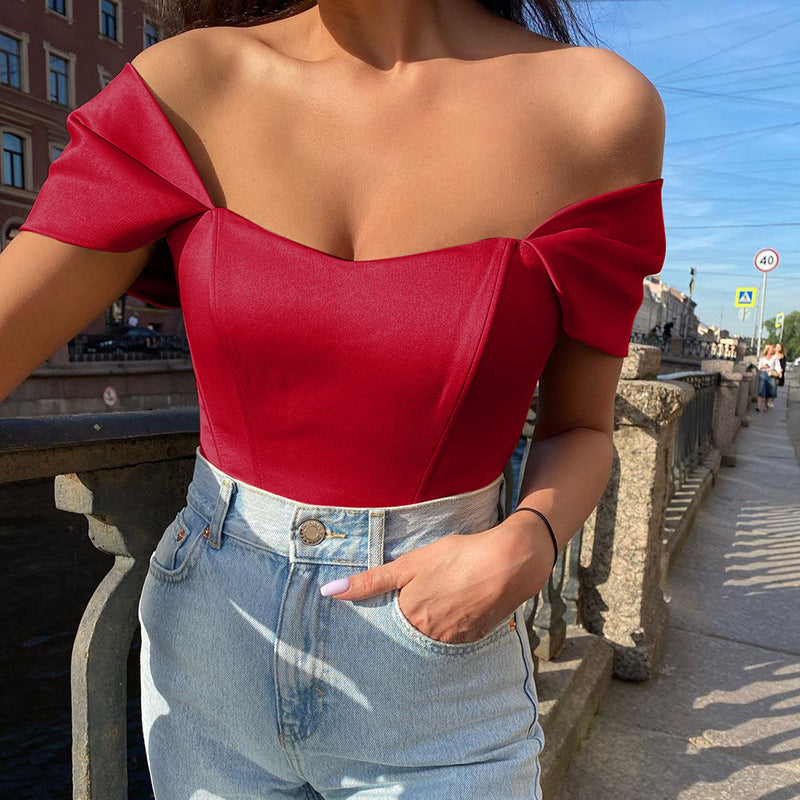 Women's Bow Sleeve Corset Bodysuit – Off-Shoulder Fitted Evening Bodysuit