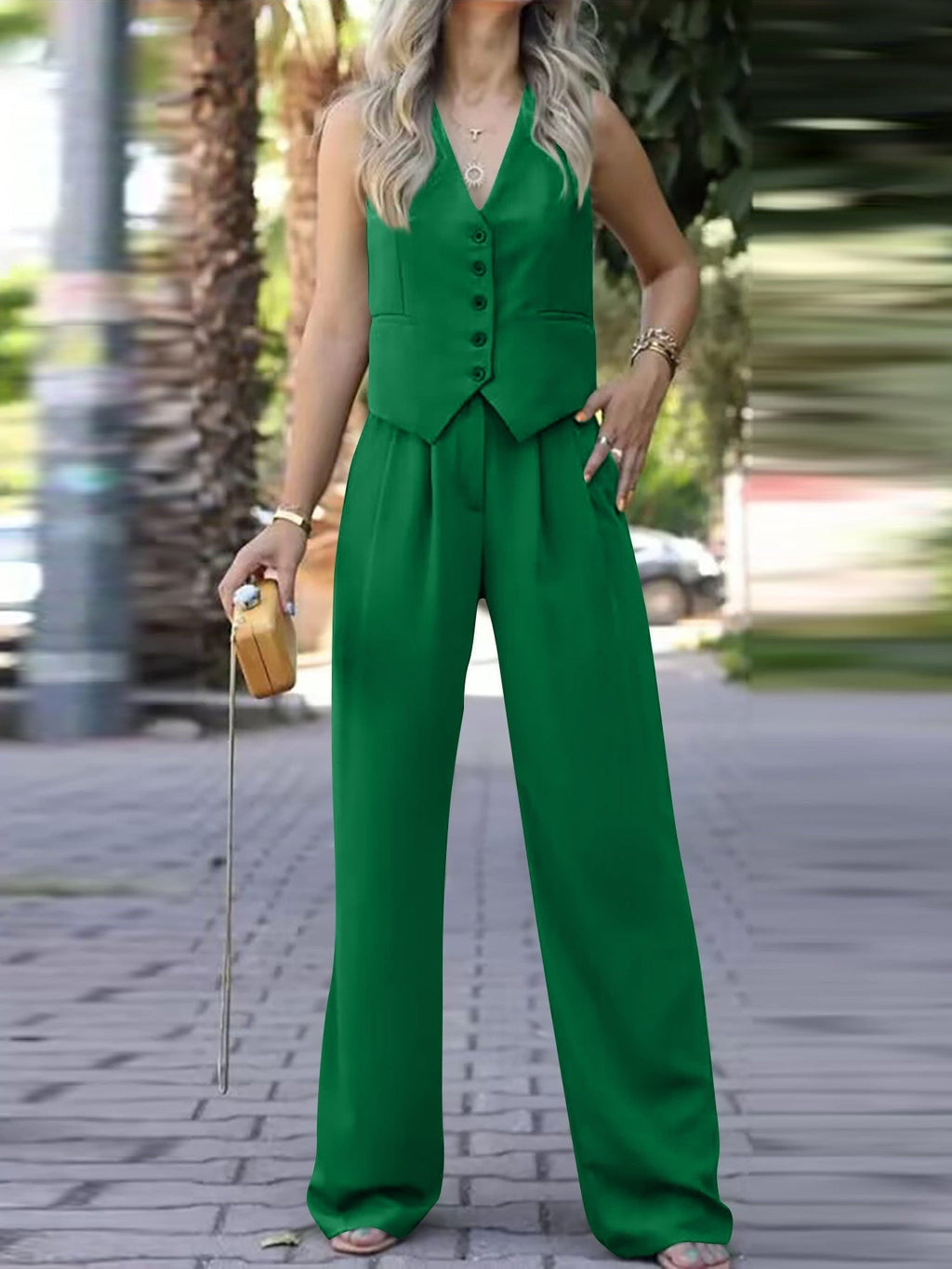 Women's V-Neck Waistcoat Pants Set – Sleeveless Vest & Wide Leg Trousers