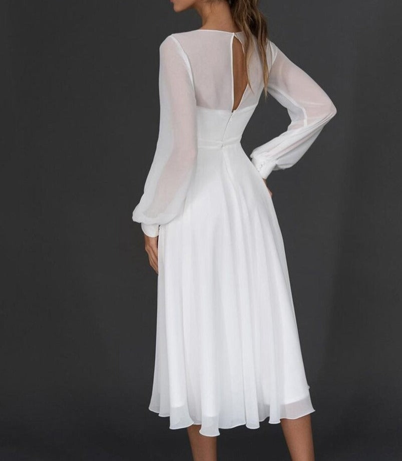 Women's Pleated Fit & Flare Dress – V-Neck Long Sleeve Occasion Dress