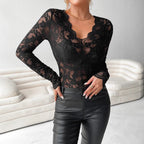 Women's Floral Lace Long Sleeve Bodysuit – Romantic V-Neck Fitted Bodysuit