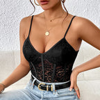 Women's Sheer Insert Bodysuit – V-Neck Lace Detail Long Sleeve Bodysuit