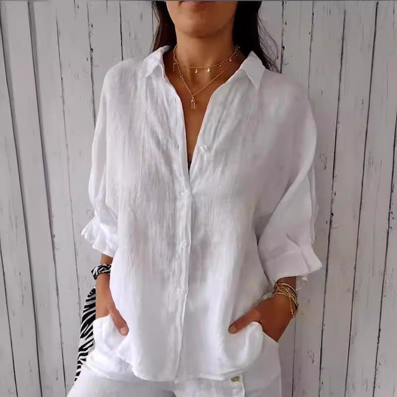 Women's Loose Fit Blouse with Roll-Up Sleeves and Classic Collar