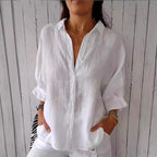 Women's Loose Fit Blouse with Roll-Up Sleeves and Classic Collar