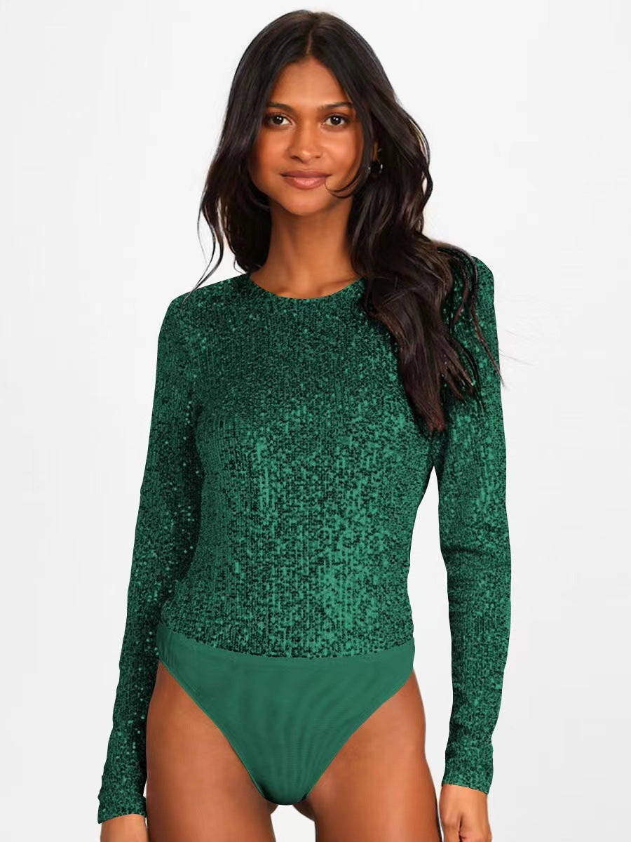 Women's Sequin Party Bodysuit – Sparkle Fitted Long Sleeve Bodysuit