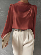 Women's Long Sleeve Blouse with Relaxed Fit and Draped Design