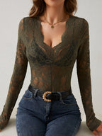 Women's Sheer Floral Lace Bodysuit – Deep V-Neck Long Sleeve Bodysuit