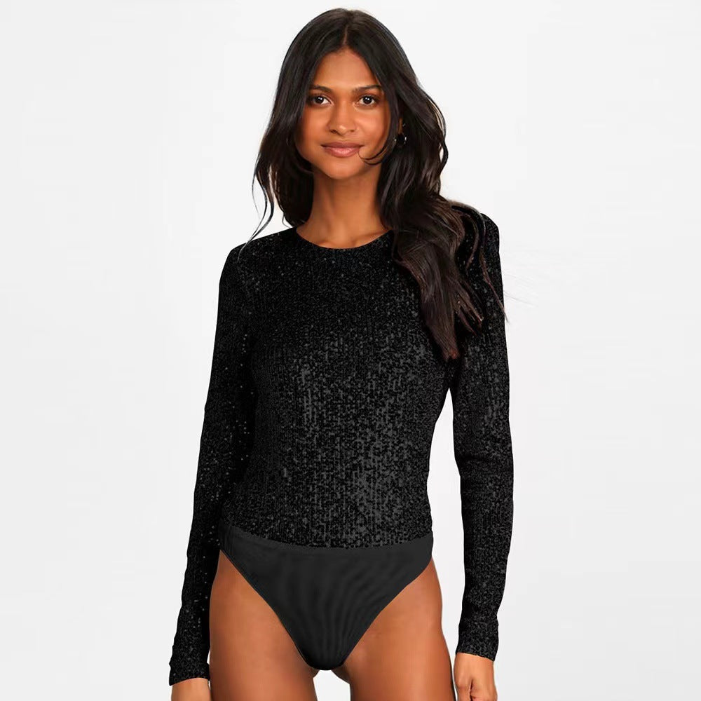 Women's Sequin Party Bodysuit – Sparkle Fitted Long Sleeve Bodysuit