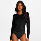 Women's Sequin Party Bodysuit – Sparkle Fitted Long Sleeve Bodysuit
