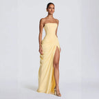 Women's Asymmetrical Draped Gown – Long Sleeve Side Slit Evening Dress