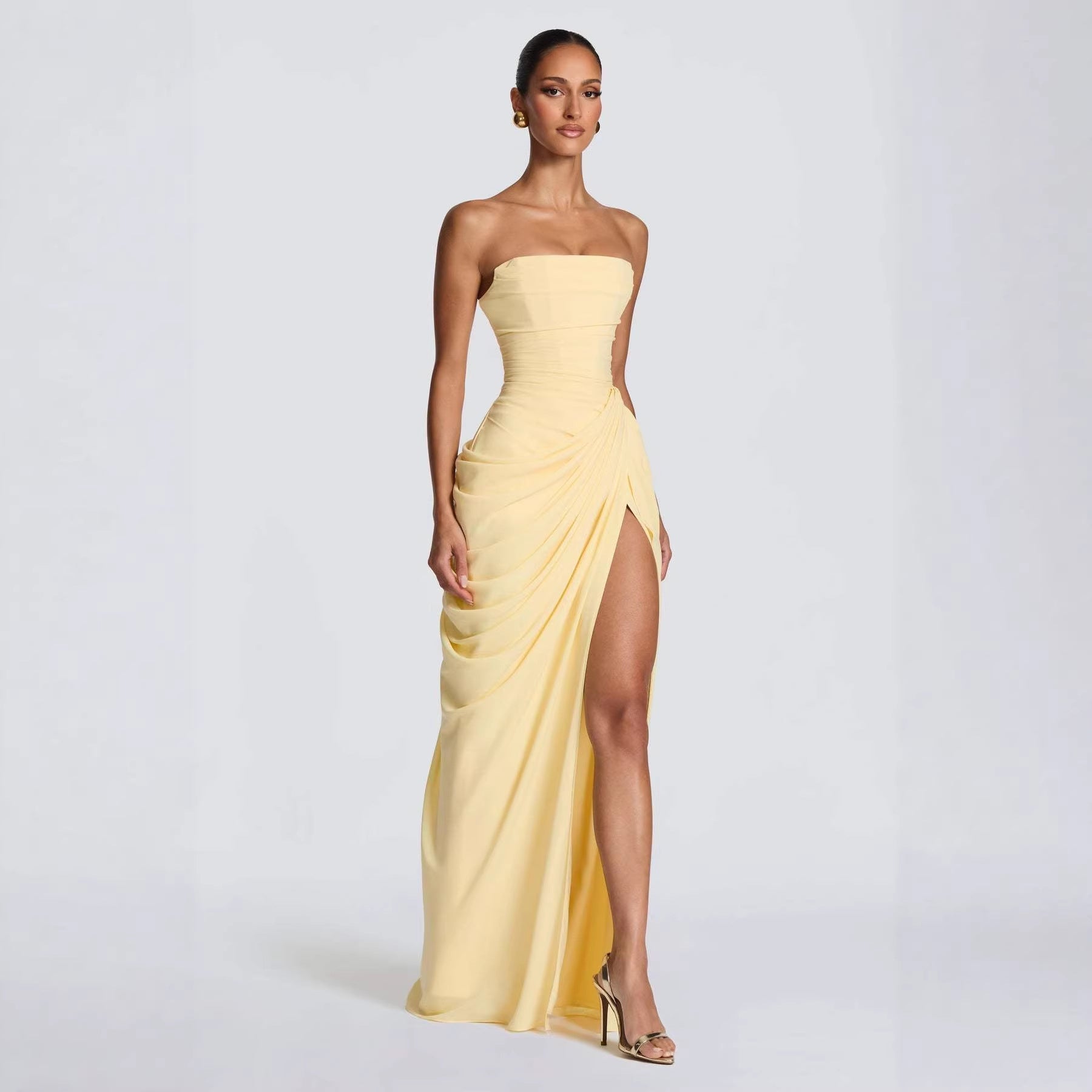 Women's Asymmetrical Draped Gown – Long Sleeve Side Slit Evening Dress