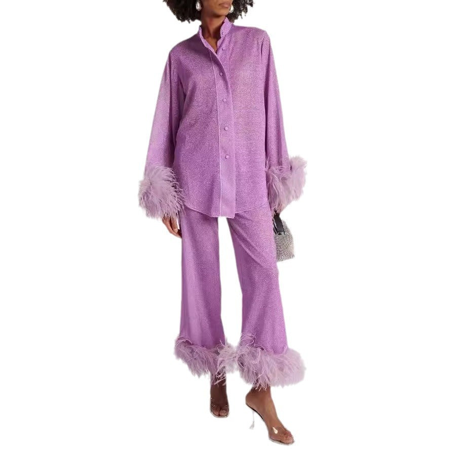 Women's Stand Collar Trouser Set – Long Sleeve Top & Coordinated Pants