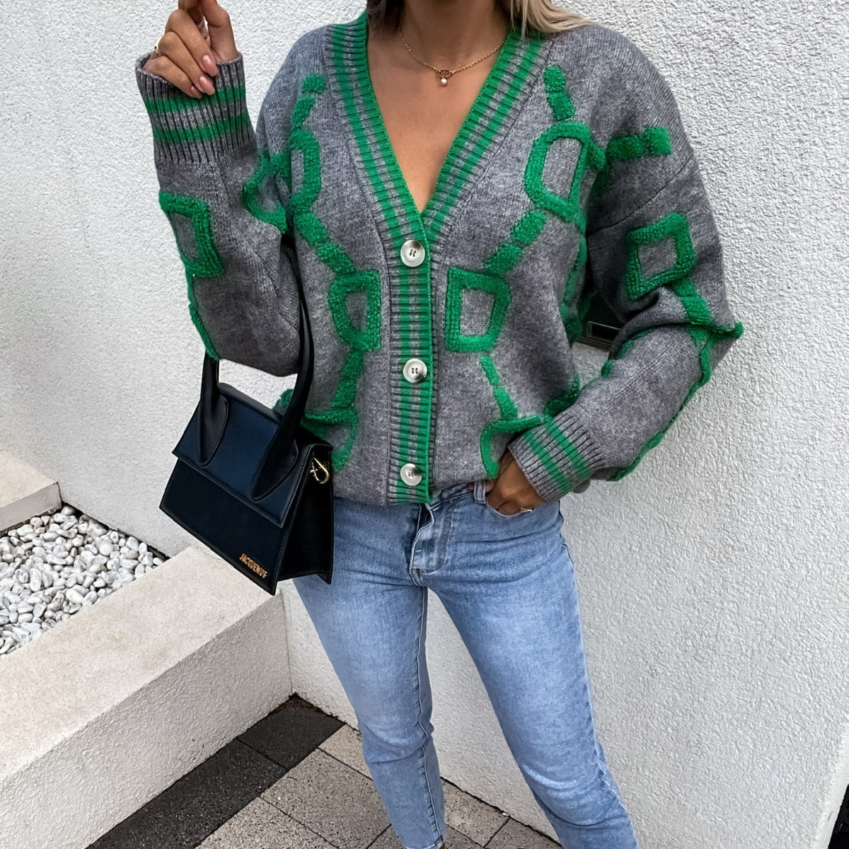 Women's Geometric Pattern Cardigan – Oversized Button Front Knit Cardigan
