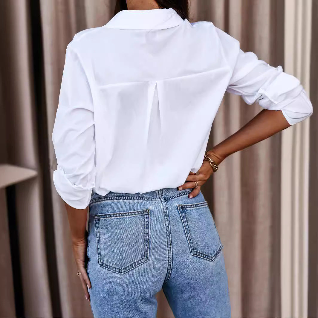 Women's Button Up Shirt with Chest Pocket and Roll-Up Sleeves