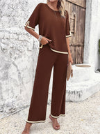 Women's Wide Leg Loungewear Set – Relaxed Top Split Hem Pants Set