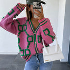 Women's Geometric Pattern Cardigan – Oversized Button Front Knit Cardigan