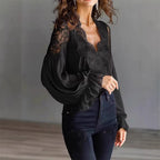 Women's Lace Blouse with Ruffle Sleeves and Flowing Fit