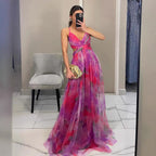 Women's Floral Strappy Maxi Dress – V-Neck Flowing Evening Gown