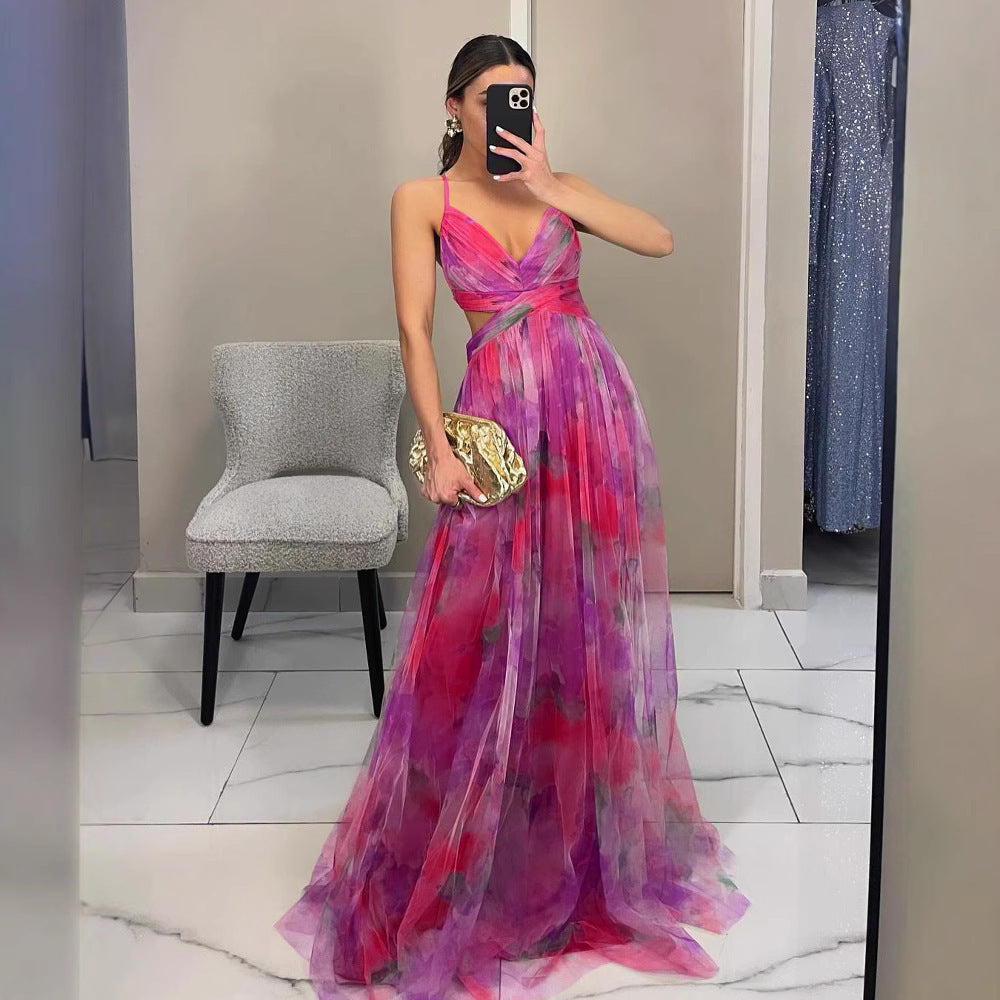 Women's Floral Strappy Maxi Dress – V-Neck Flowing Evening Gown