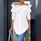 Women's Ruffled Off-Shoulder Blouse – Three-Quarter Sleeve Button Blouse