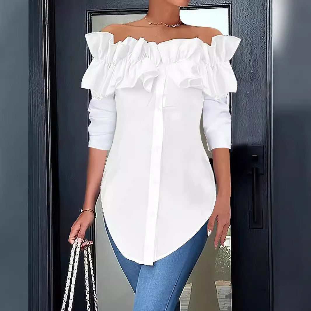 Women's Ruffled Off-Shoulder Blouse – Three-Quarter Sleeve Button Blouse