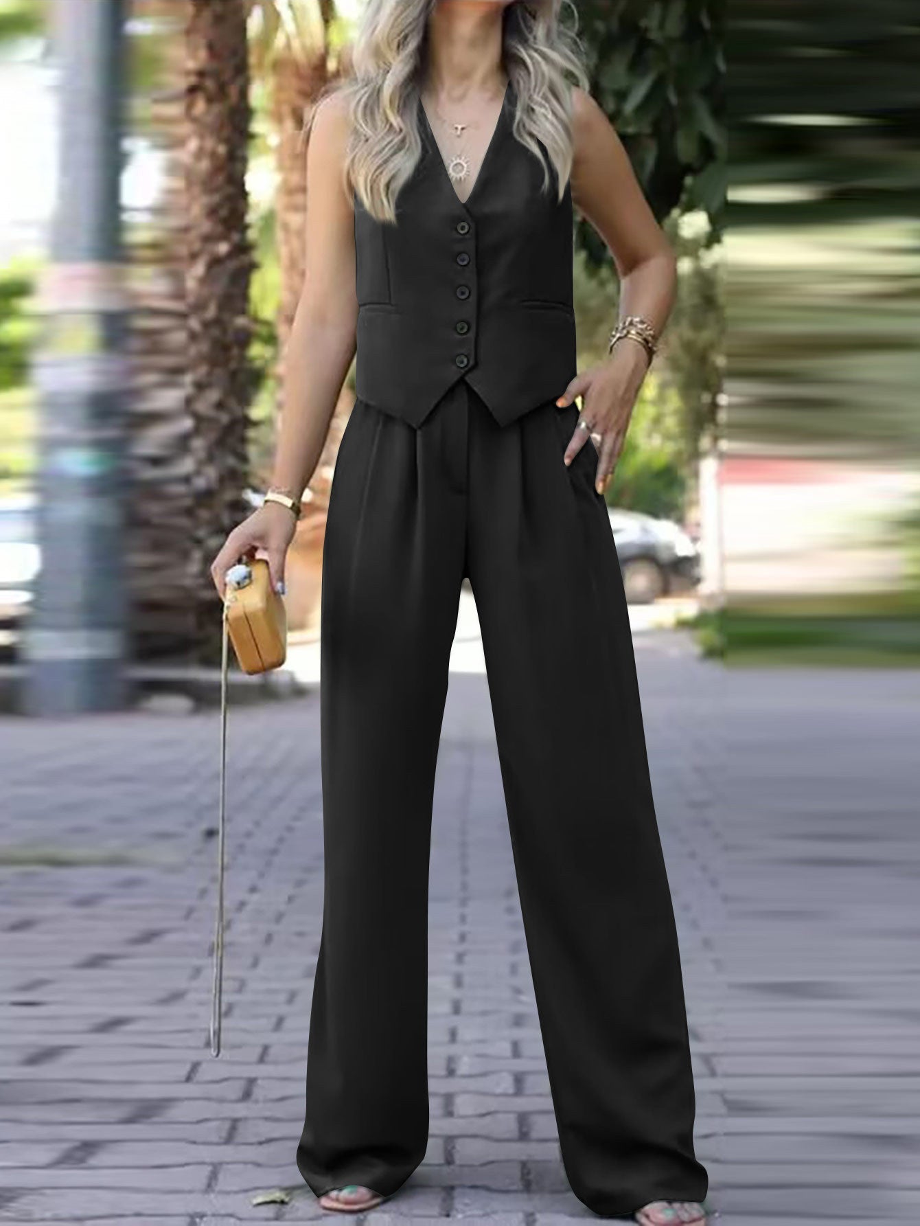 Women's V-Neck Waistcoat Pants Set – Sleeveless Vest & Wide Leg Trousers