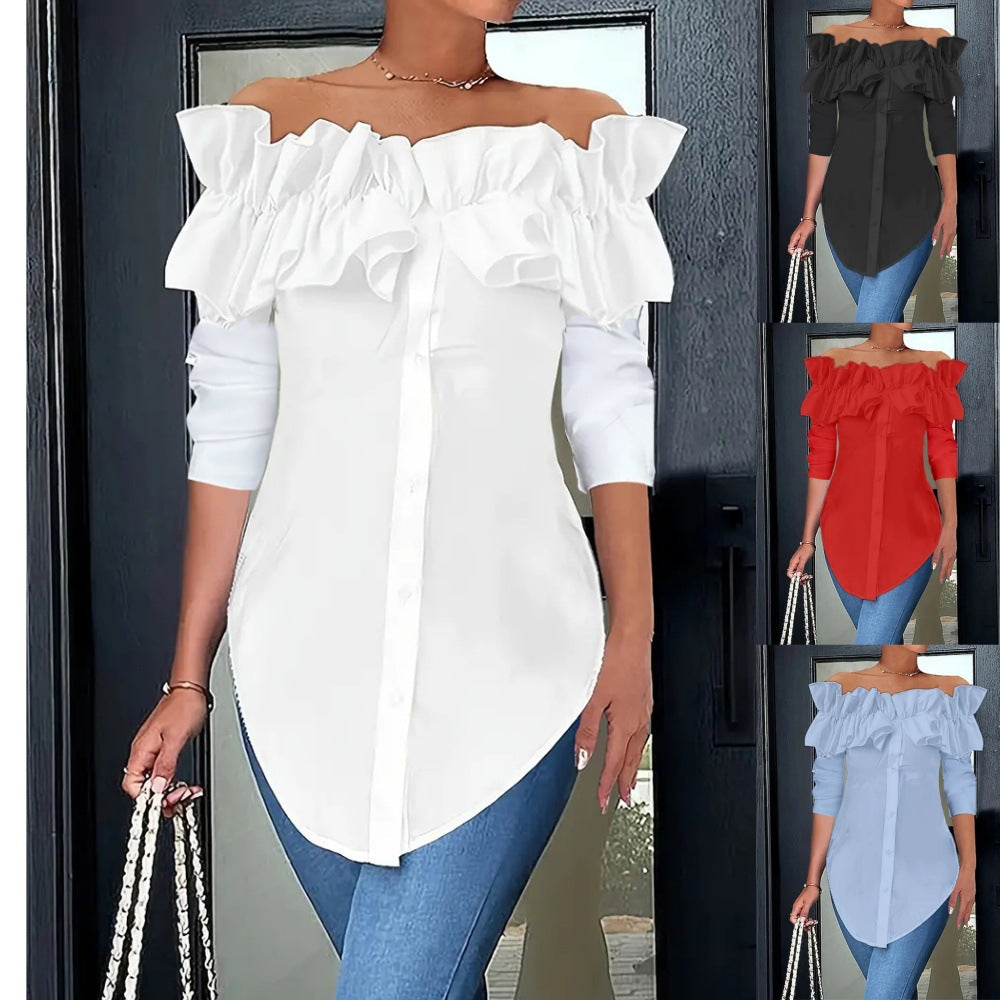 Women's Ruffled Off-Shoulder Blouse – Three-Quarter Sleeve Button Blouse