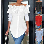 Women's Ruffled Off-Shoulder Blouse – Three-Quarter Sleeve Button Blouse