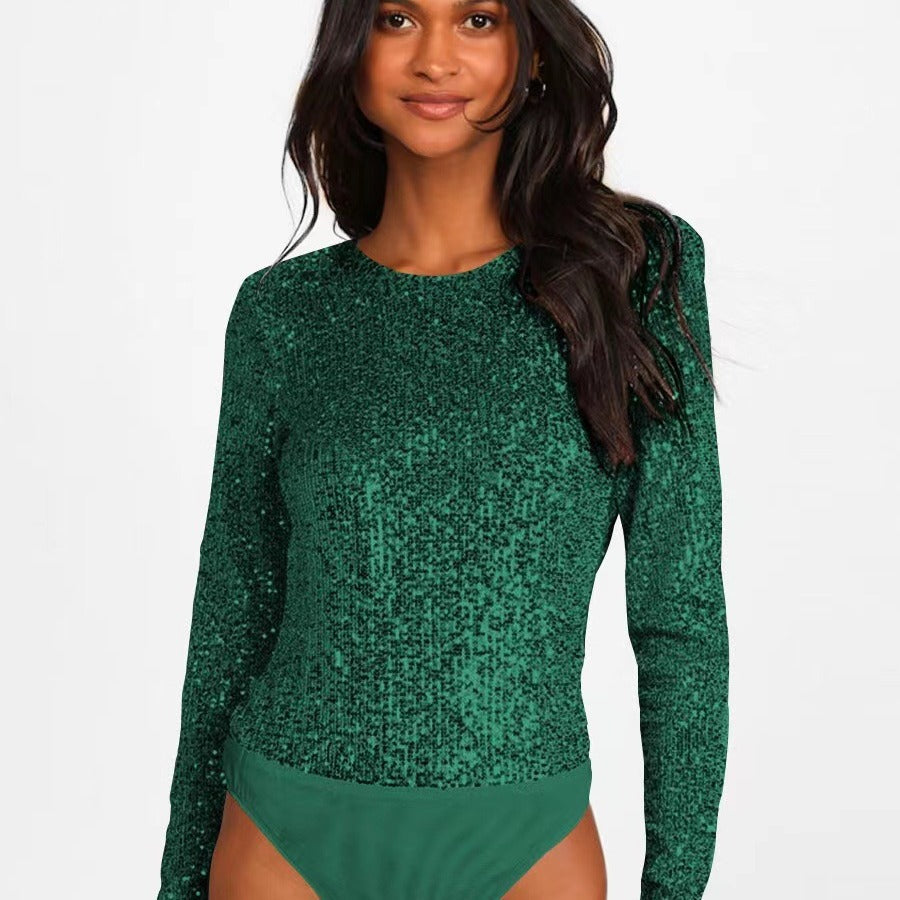 Women's Sequin Party Bodysuit – Sparkle Fitted Long Sleeve Bodysuit