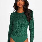 Women's Sequin Party Bodysuit – Sparkle Fitted Long Sleeve Bodysuit