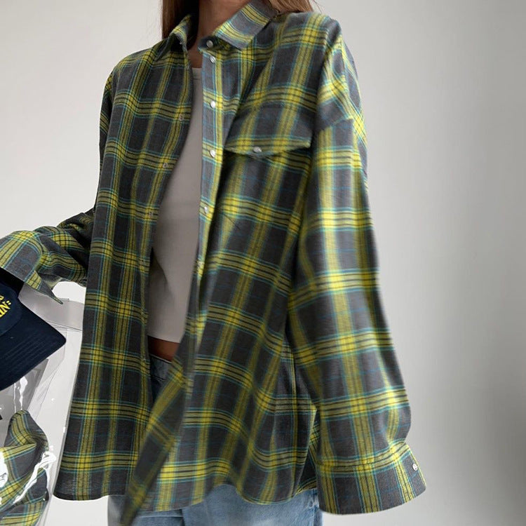 Women's Plaid Oversized Blouse – Relaxed Collared Button Front Shirt
