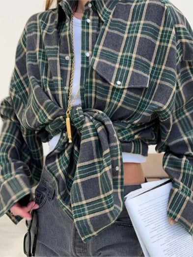 Women's Plaid Oversized Blouse – Relaxed Collared Button Front Shirt