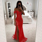 Women's Sequin Off-Shoulder Gown – Sparkle Side Slit Evening Dress