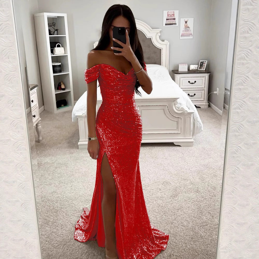 Women's Sequin Off-Shoulder Gown – Sparkle Side Slit Evening Dress