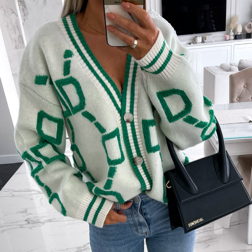 Women's Geometric Pattern Cardigan – Oversized Button Front Knit Cardigan