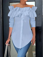 Women's Ruffled Off-Shoulder Blouse – Three-Quarter Sleeve Button Blouse