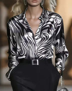 Women's Abstract Wave Print Blouse – Relaxed Long Sleeve Statement Top
