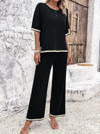 Women's Wide Leg Loungewear Set – Relaxed Top Split Hem Pants Set