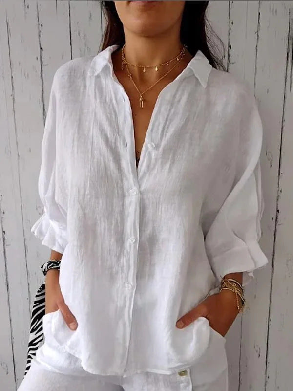 Women's Loose Fit Blouse with Roll-Up Sleeves and Classic Collar