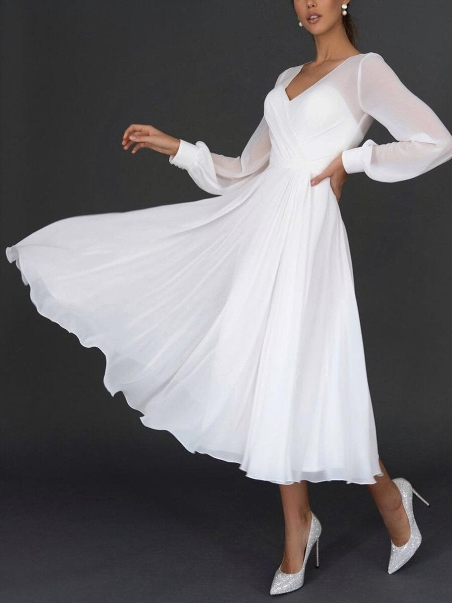 Women's Pleated Fit & Flare Dress – V-Neck Long Sleeve Occasion Dress