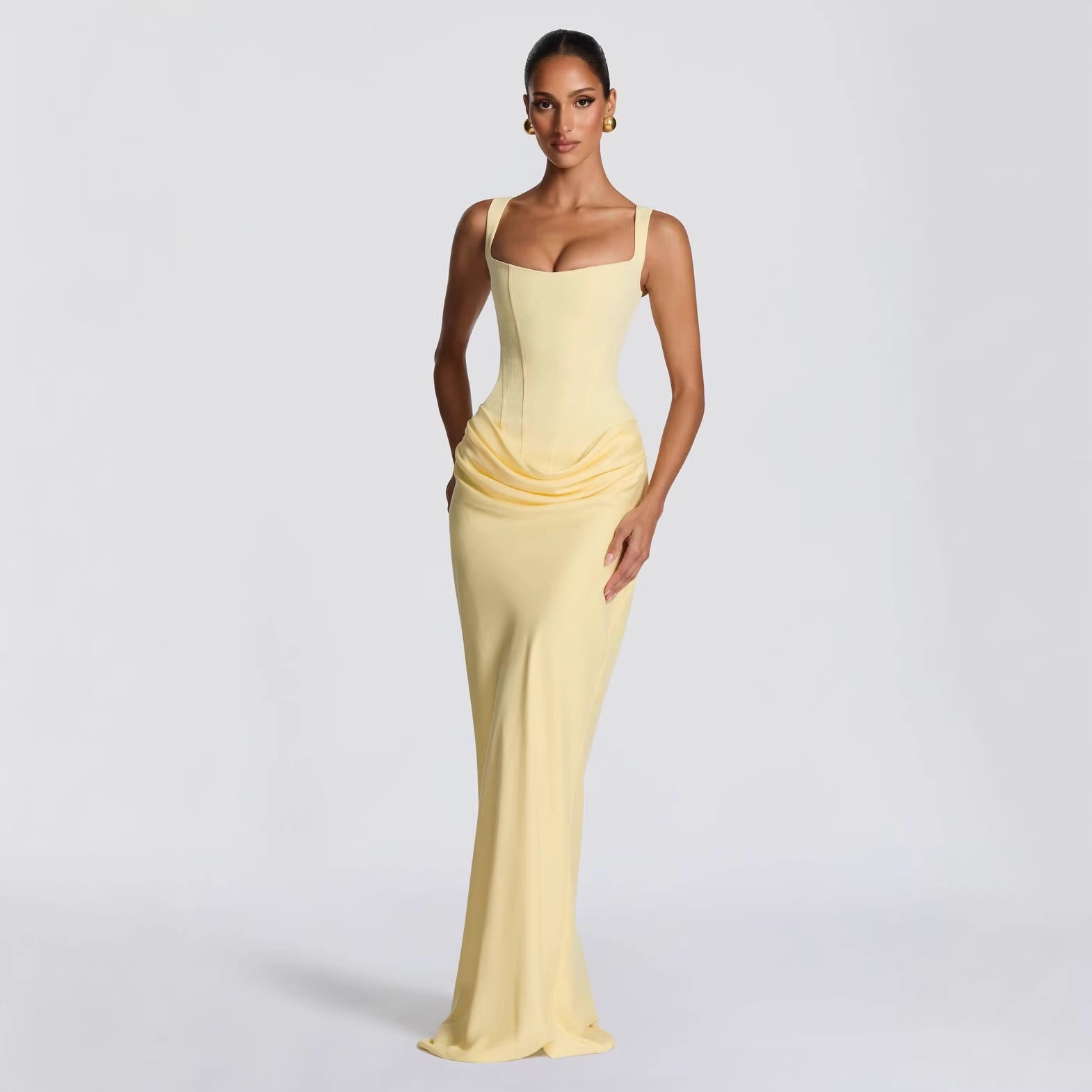 Women's Fitted Maxi Dress – Deep V-Neck Dress