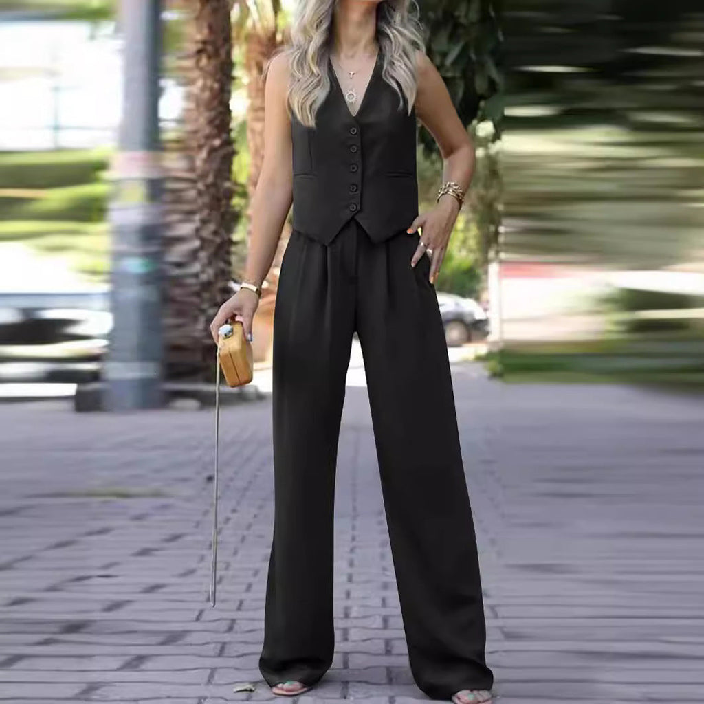 Women's V-Neck Waistcoat Pants Set – Sleeveless Vest & Wide Leg Trousers