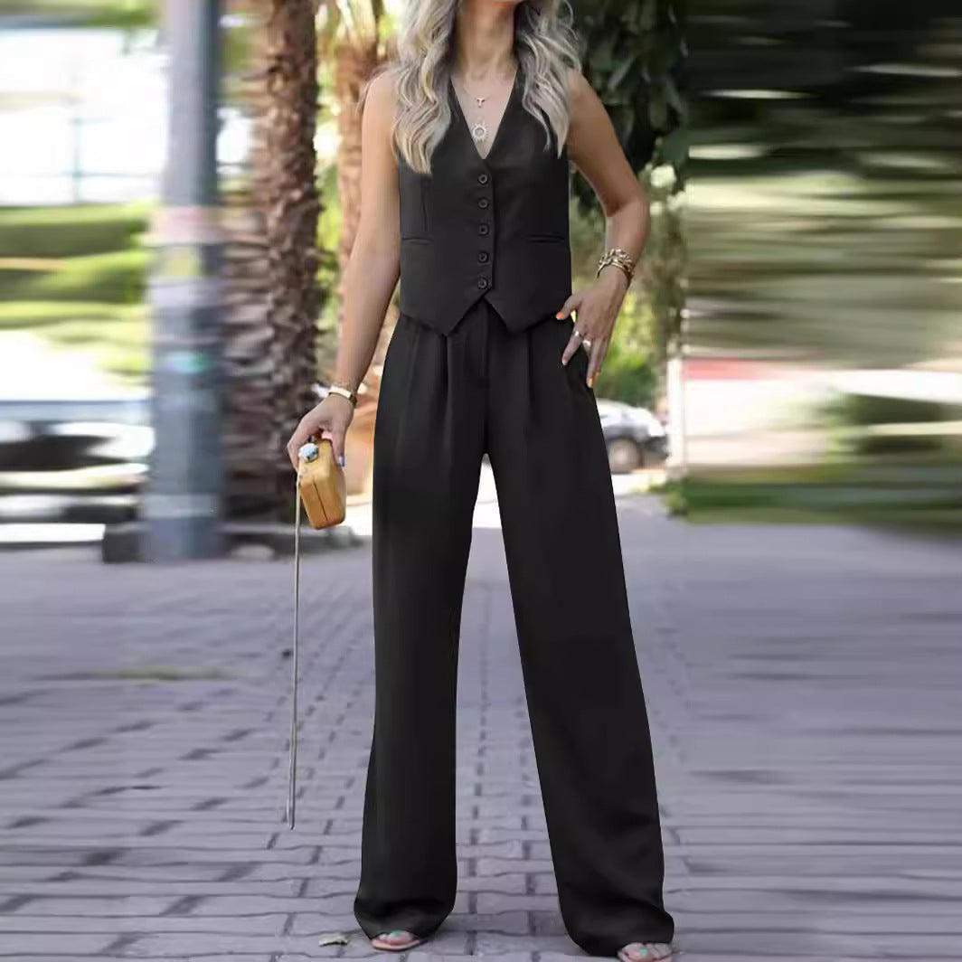 Women's V-Neck Waistcoat Pants Set – Sleeveless Vest & Wide Leg Trousers
