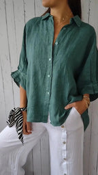 Women's Loose Fit Blouse with Roll-Up Sleeves and Classic Collar