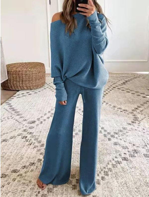 Women's Wide Leg Knit Pants Set – Long Sleeve Top & Matching Trousers