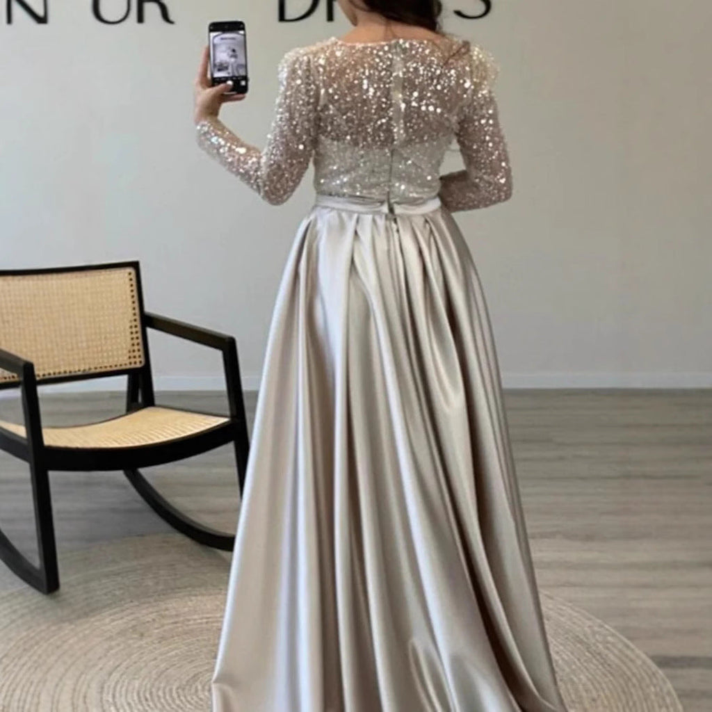 Women's Long Sleeve Glitter Gown – Flowing Sparkle Evening Dress