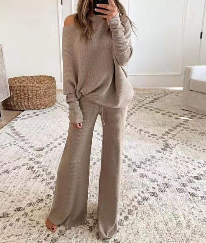 Women's Wide Leg Knit Pants Set – Long Sleeve Top & Matching Trousers