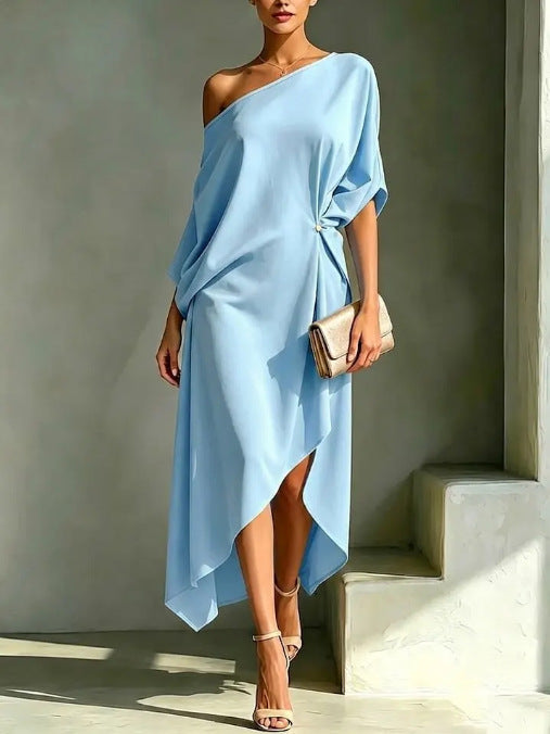 Women's One Shoulder Draped Wedding Guest Dress – Asymmetrical Formal Occasion Dress