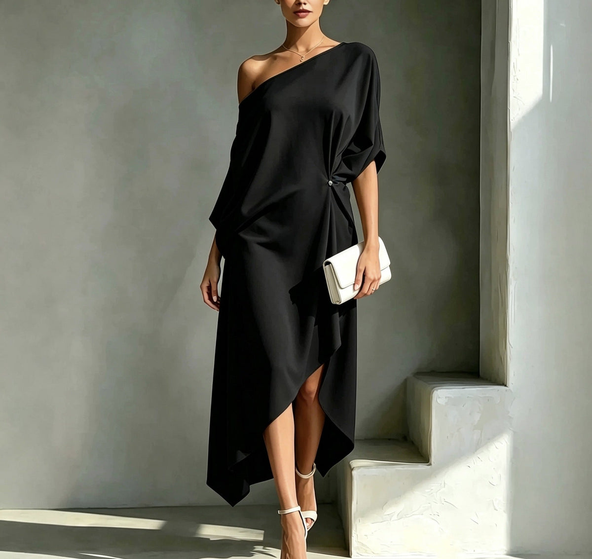 Women's One Shoulder Draped Wedding Guest Dress – Asymmetrical Formal Occasion Dress